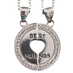 925 Sterling Silver Best Friends Split Heart Pendant Necklace Set 2 Piece CZ